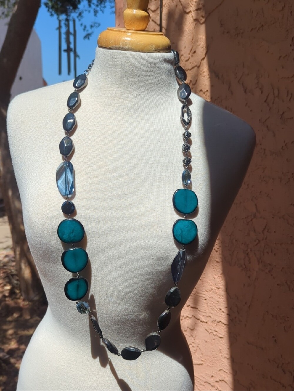 Chico's Teal & Silver Beaded Long Necklace